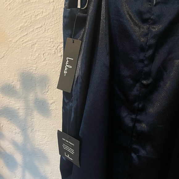 Lulu’s Adoring Attitude Navy Blue Satin Column Midi Dress - Picture 8 of 9